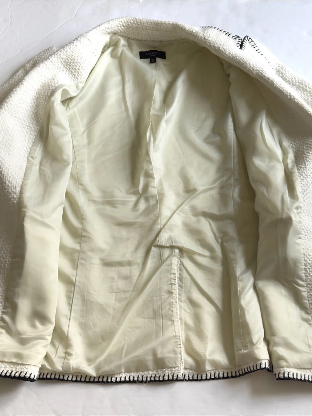 Talbots Tweed Blazer 14W Cream Black Whipstitch Jacket Classic Office Cotton